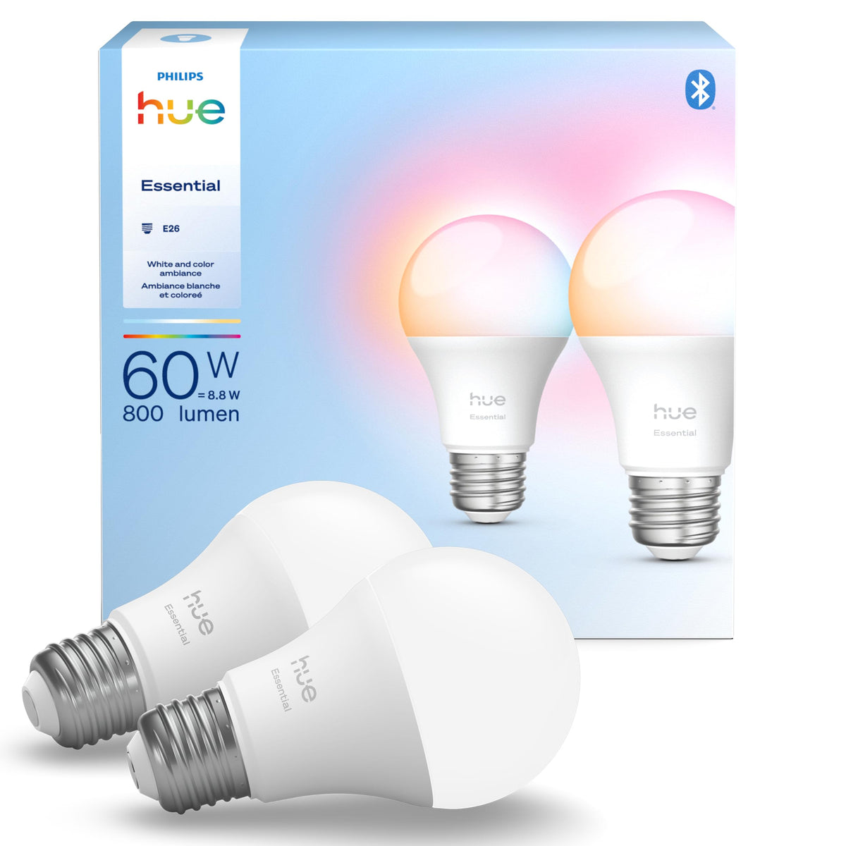 Philips Hue Essential color-range bulb demonstrating vibrant mood lighting options.
