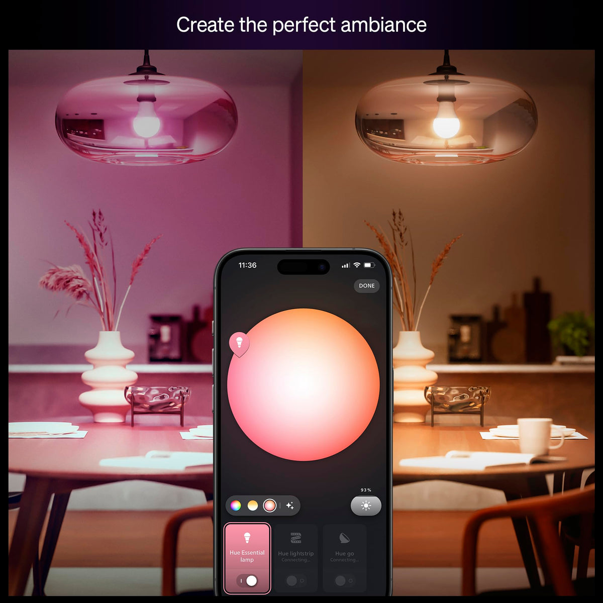 Philips Hue Essential bulb with E26 base installed in a modern lamp.