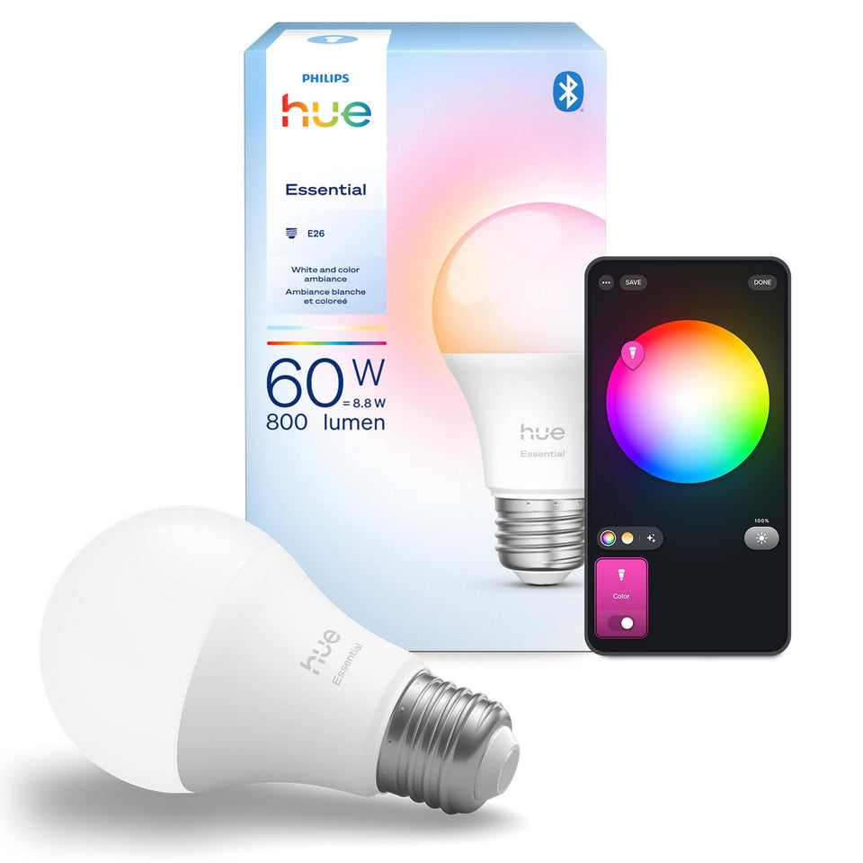 Philips Hue Essential A19 bulb with color ambiance for customizable lighting moods