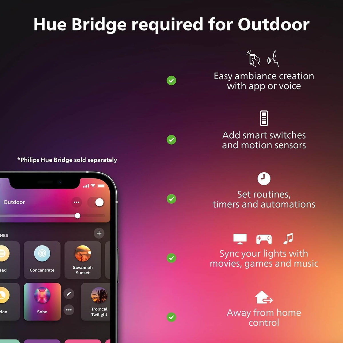 Philips Hue Lily path lights along a yard with sunset routines