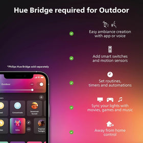 Philips Hue Lily path lights along a yard with sunset routines