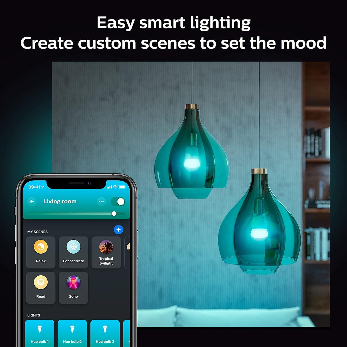 Hue bulb offering millions of colors and white tones for flexible ambience.