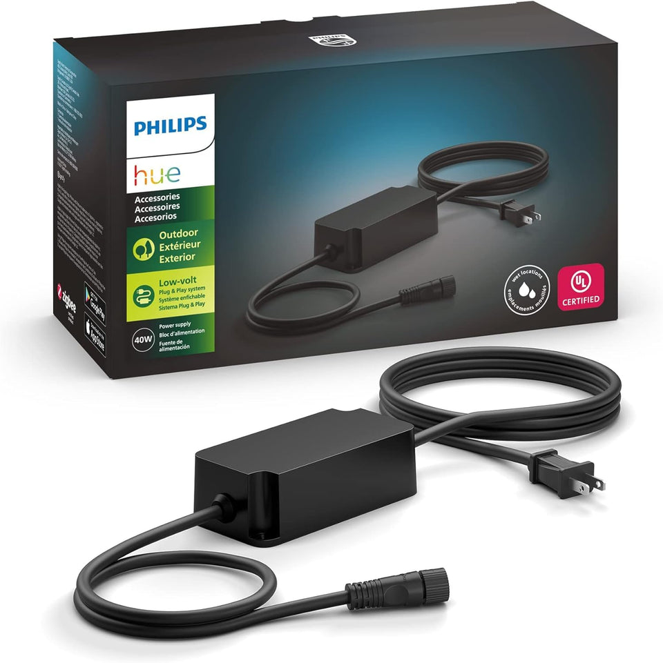 Philips Hue outdoor 40W power supply box powers low-voltage lighting.