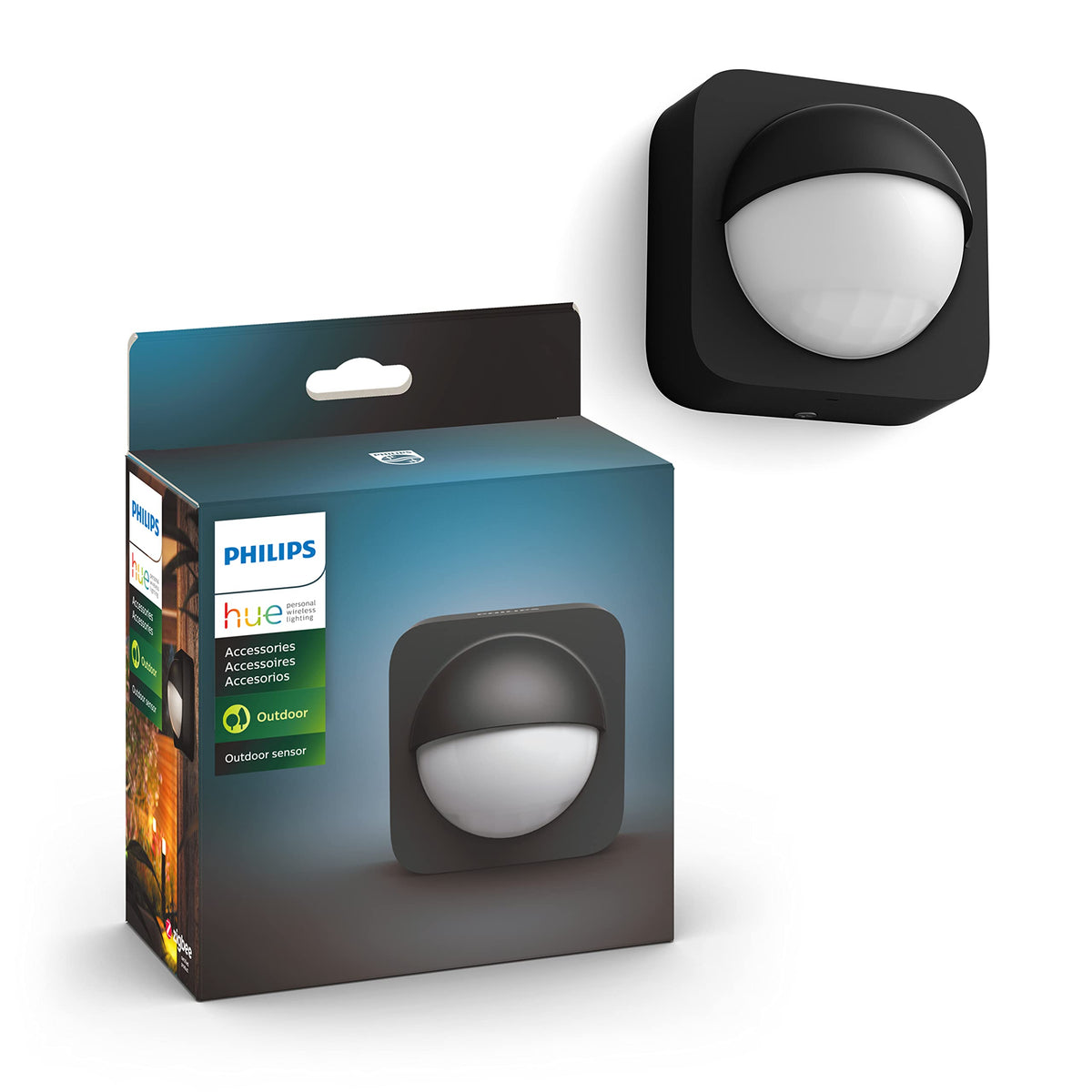 Philips Hue Outdoor Motion Sensor detects porch movement to illuminate the entry.