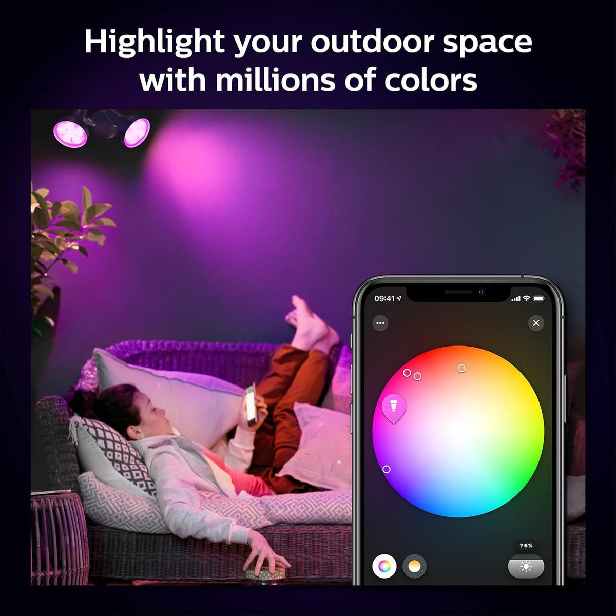 Philips Hue holiday decor lighting for festive outdoor scenes.