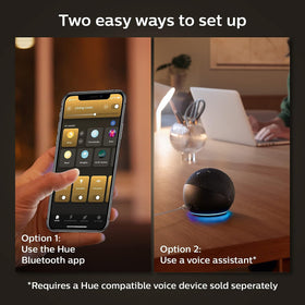 Philips Hue packaging highlights a smart lighting starter kit.