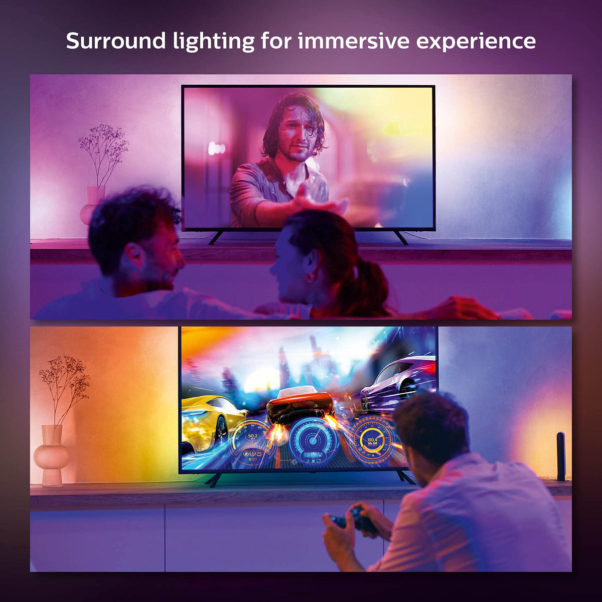 Ambient light from Philips Hue Play Gradient enhances living room atmosphere.