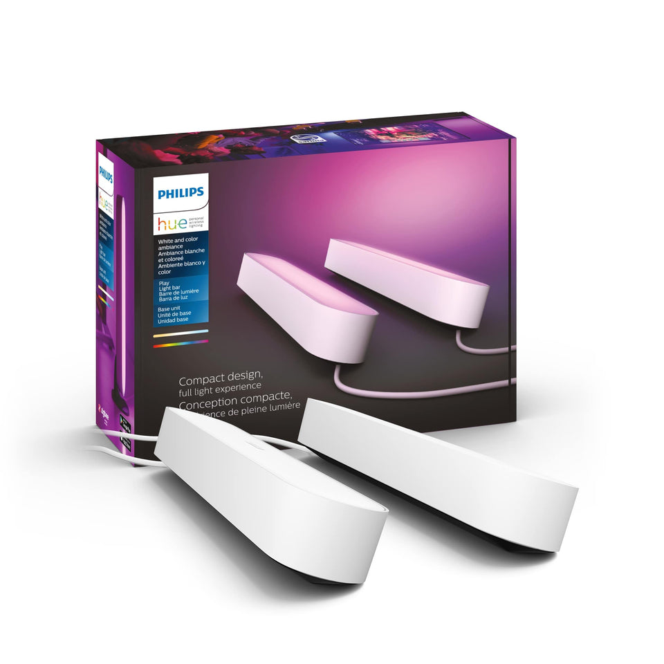 Philips Hue Play light bar base kit two-pack provides versatile color ambiance for living rooms and entertainment spaces