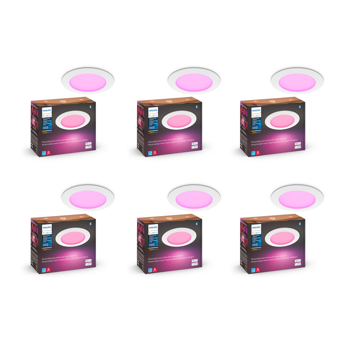Philips Hue slim downlight in-ceiling providing ambient color lighting.