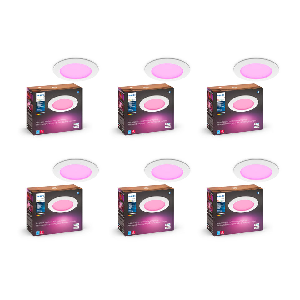 Philips Hue slim downlight in-ceiling providing ambient color lighting.