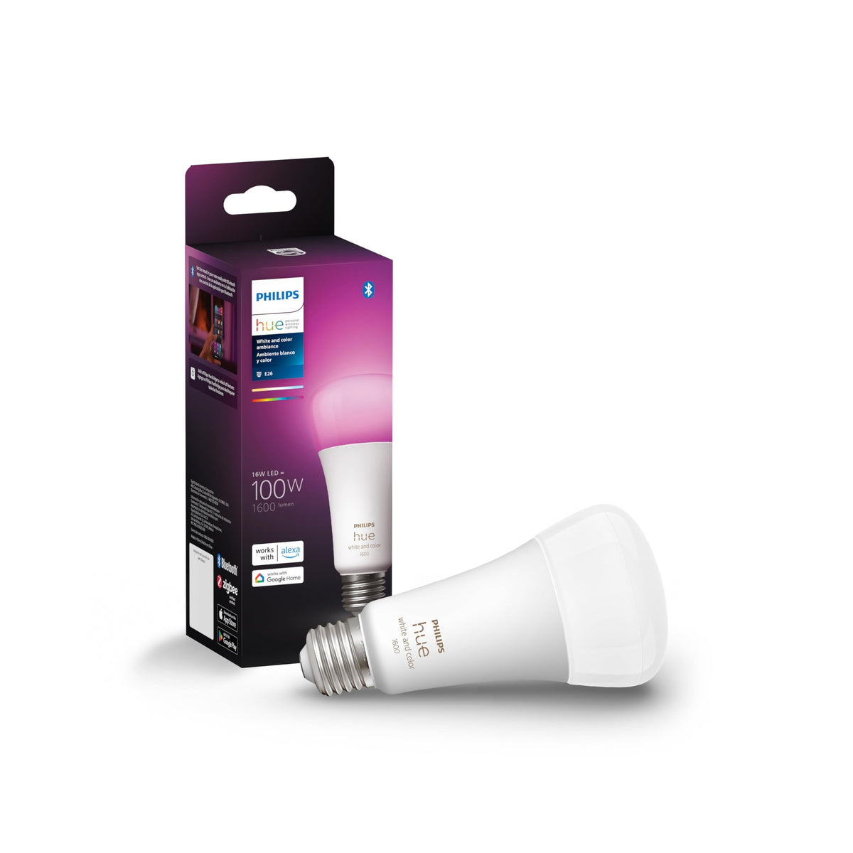 Philips Hue smart A21 bulb shows vibrant color ambiance in a living room.