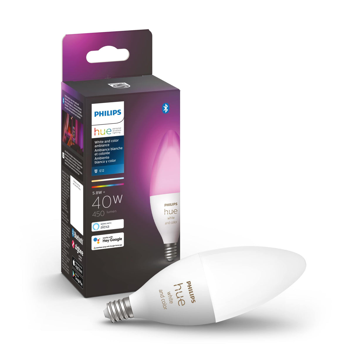 Philips Hue smart 40W B39 candle bulb close-up highlighting color options for mood lighting