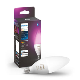 Philips Hue smart 40W B39 candle bulb close-up highlighting color options for mood lighting
