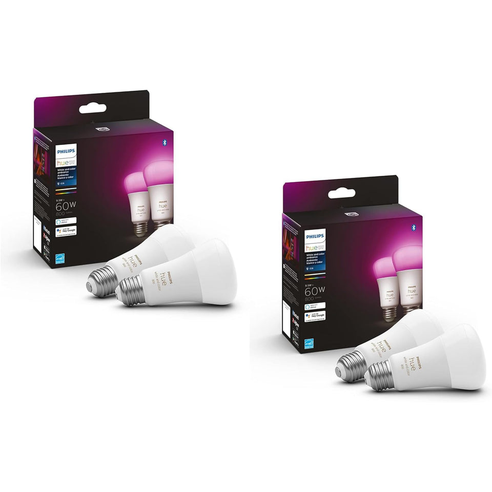 Philips Hue smart bulb in living room showcasing color ambiance and mood lighting.