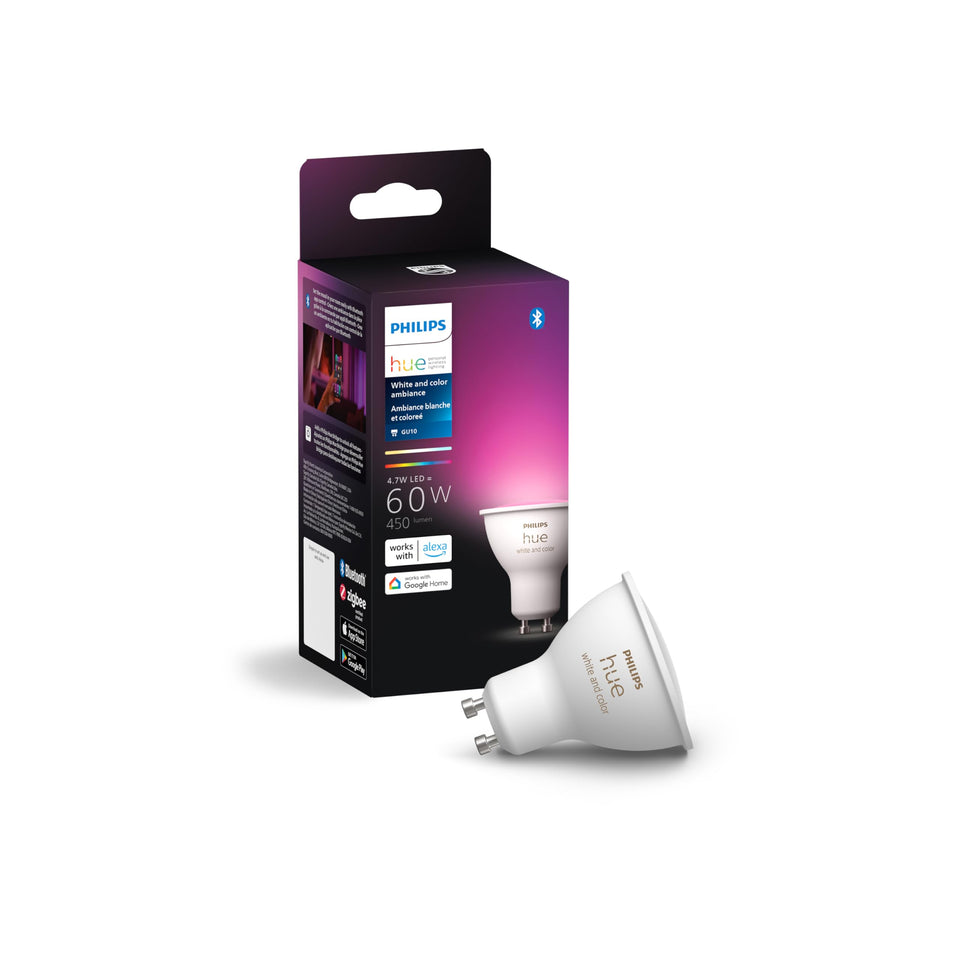 Philips Hue smart 60W GU10 color ambiance bulb enabling vivid mood lighting.