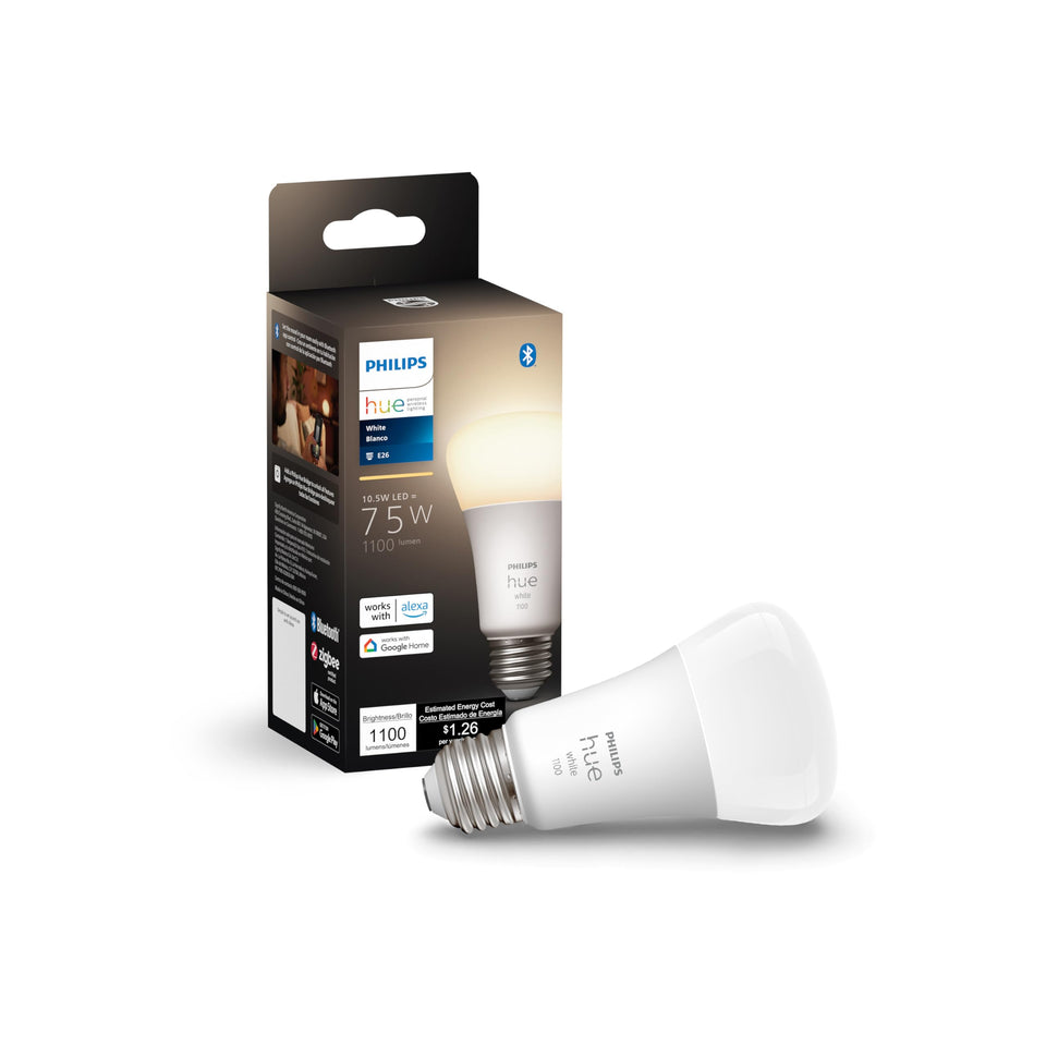 Philips Hue smart 75W A19 bulb in living room with soft white illumination