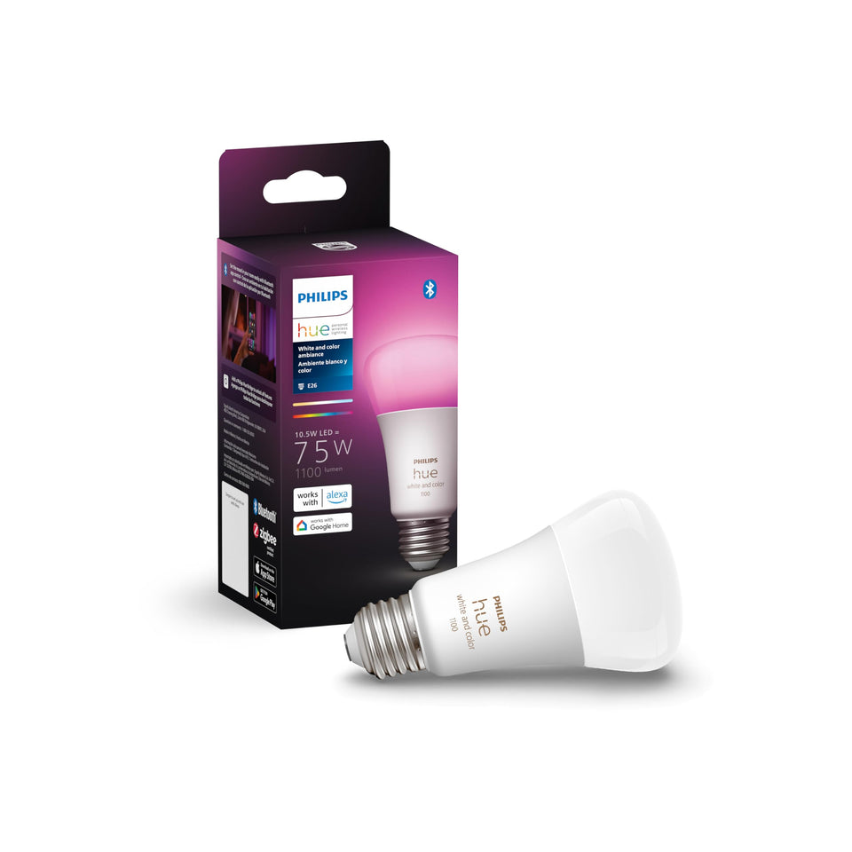 Philips Hue smart 75W A19 bulb in white color ambiance illuminating a living room.