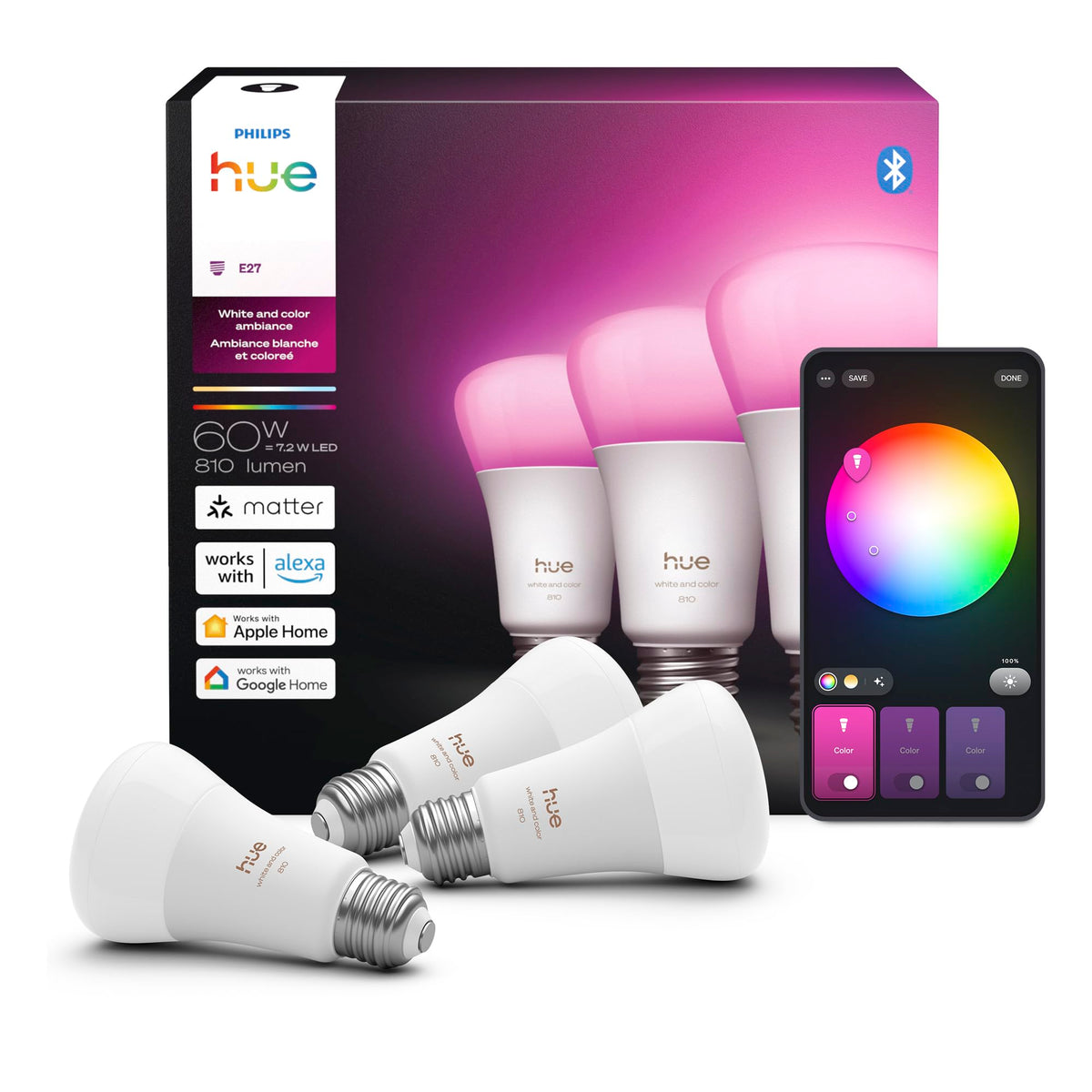 Philips Hue A19 bulb demonstrating color ambiance for vibrant living room lighting