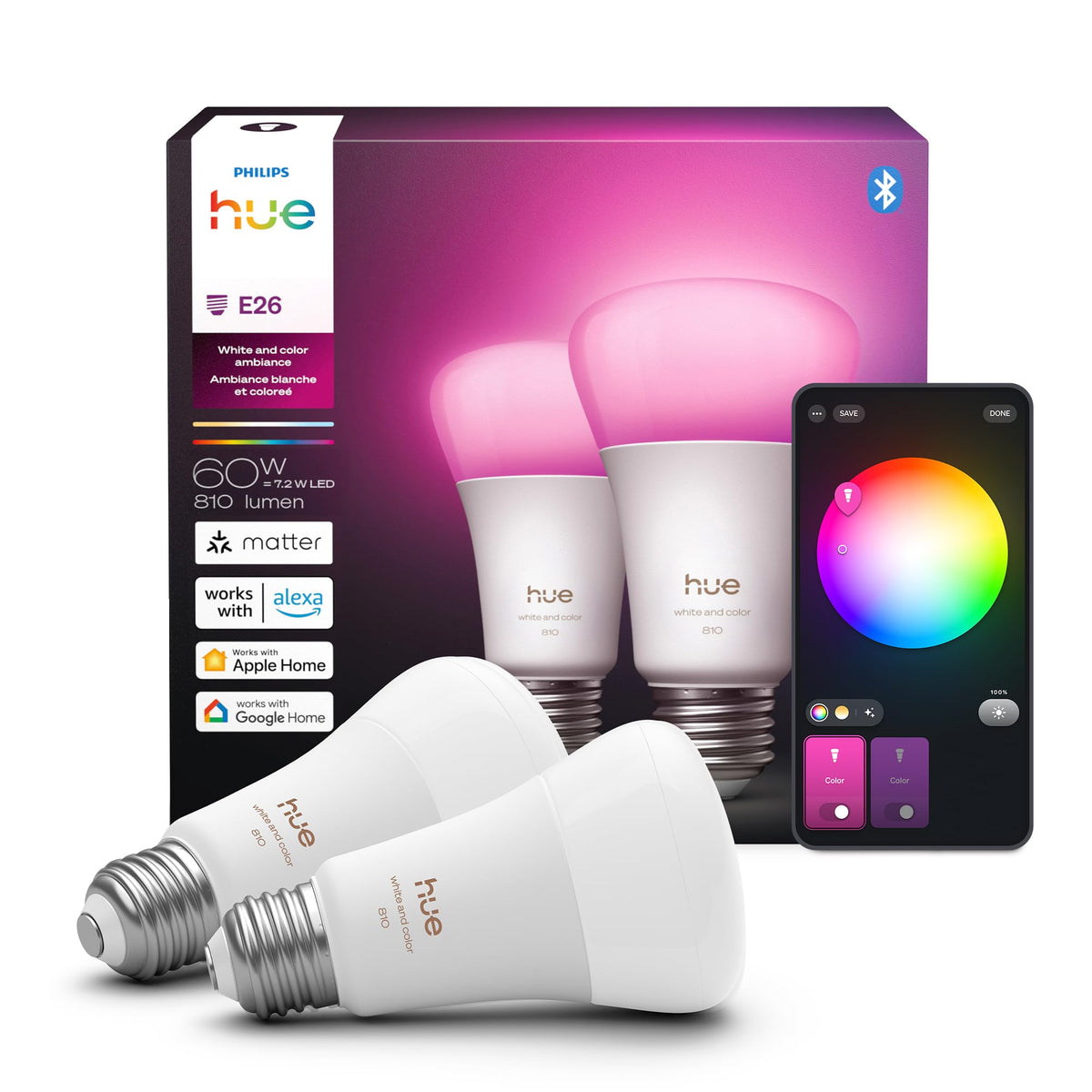 Philips Hue smart LED A19 bulb 2-pack in box for easy home lighting upgrade.