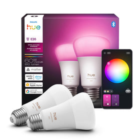 Philips Hue smart LED A19 bulb 2-pack in box for easy home lighting upgrade.