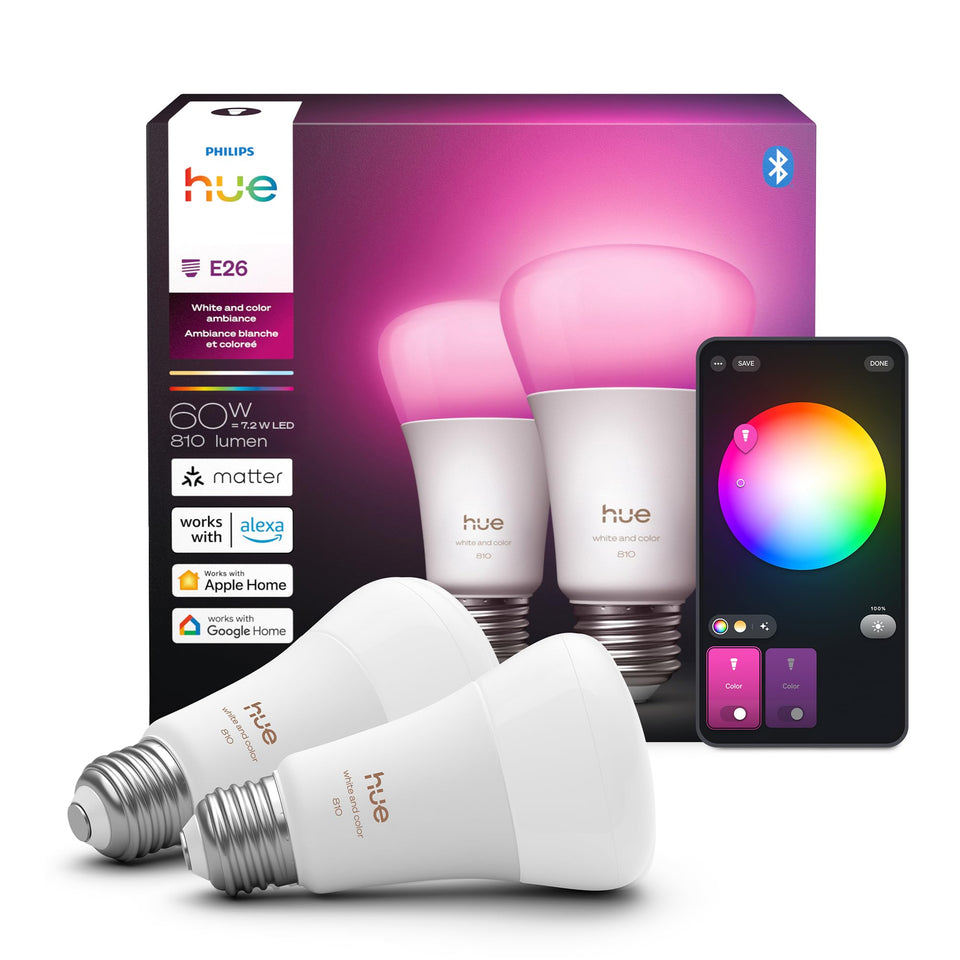 Philips Hue smart LED A19 bulb 2-pack in box for easy home lighting upgrade.