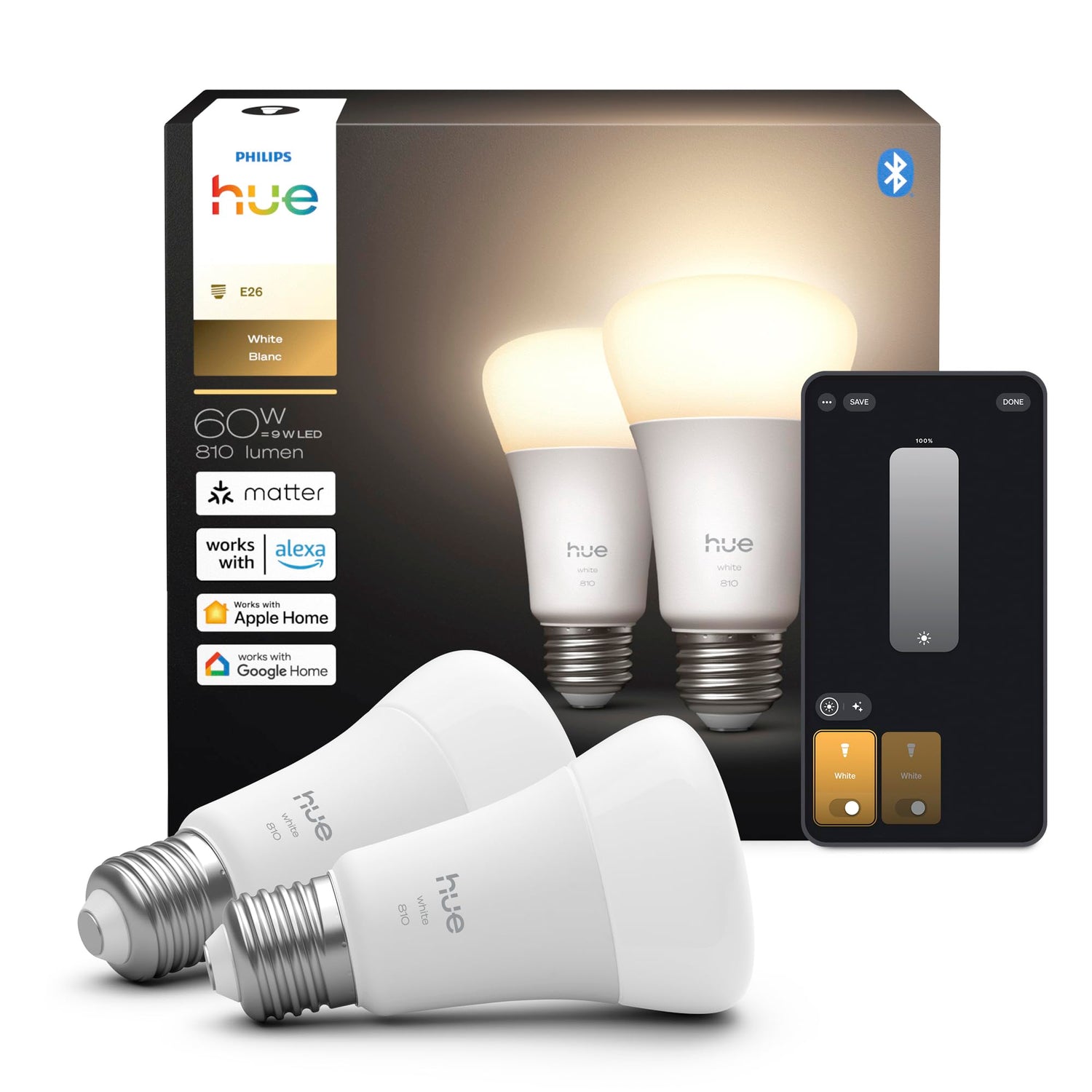 Philips Hue smart LED A19 bulb two-pack emitting warm 2700K light for cozy rooms.