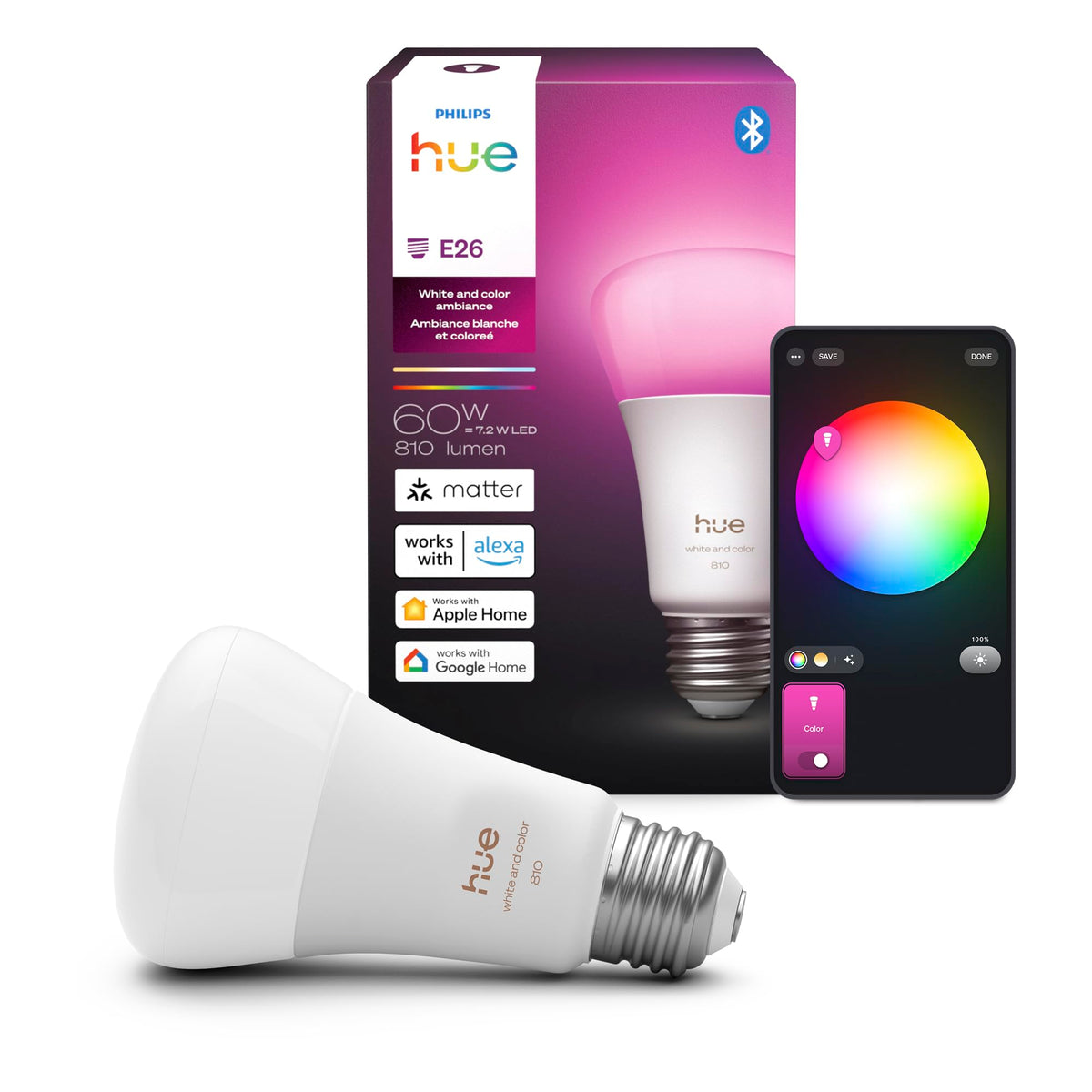 Philips Hue A19 bulb pack showing white and color ambiance for living room scenes