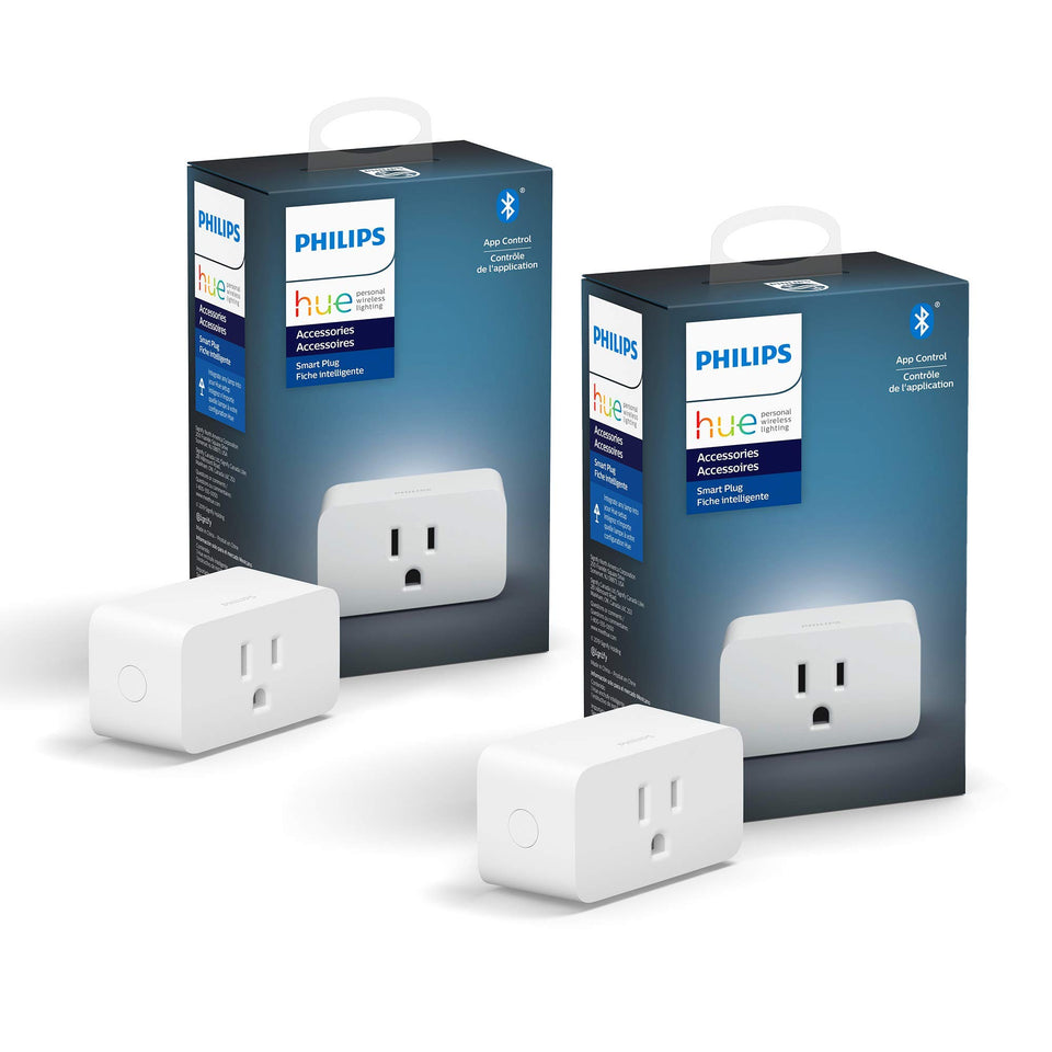 Philips Hue Smart Plug outlet-ready view turns lamps into smart lights.