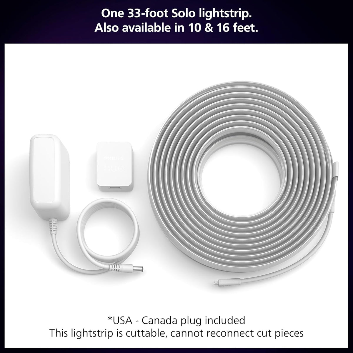 Philips Hue Solo lightstrip 33ft with 1700 lumens for bright ambient lighting.