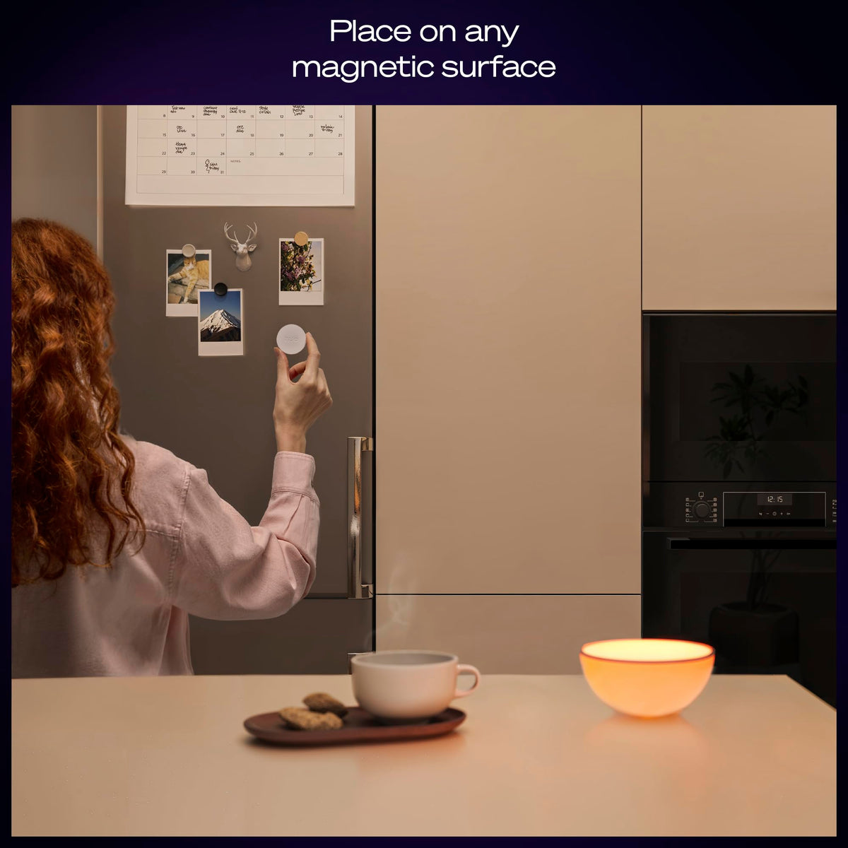 Adhesive mount with magnetic backing for versatile placement.