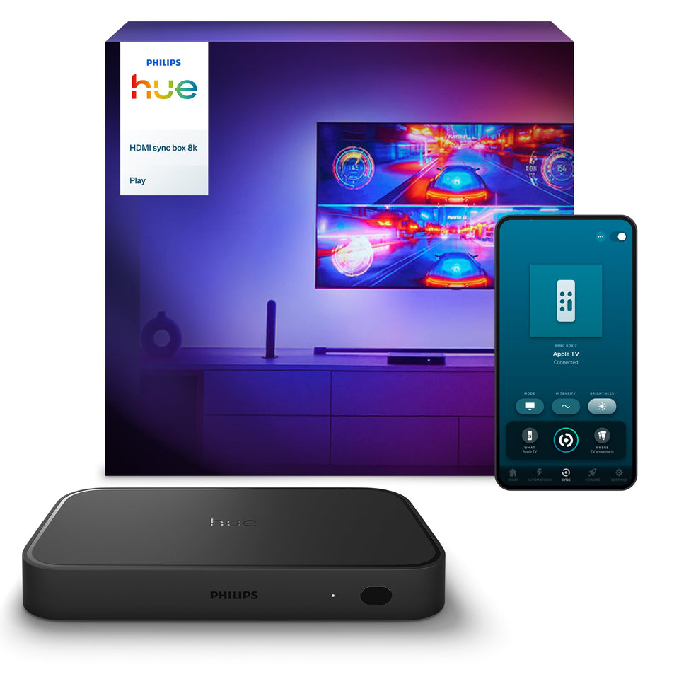 Philips Hue Sync Box 8K 60Hz for immersive gaming lighting.