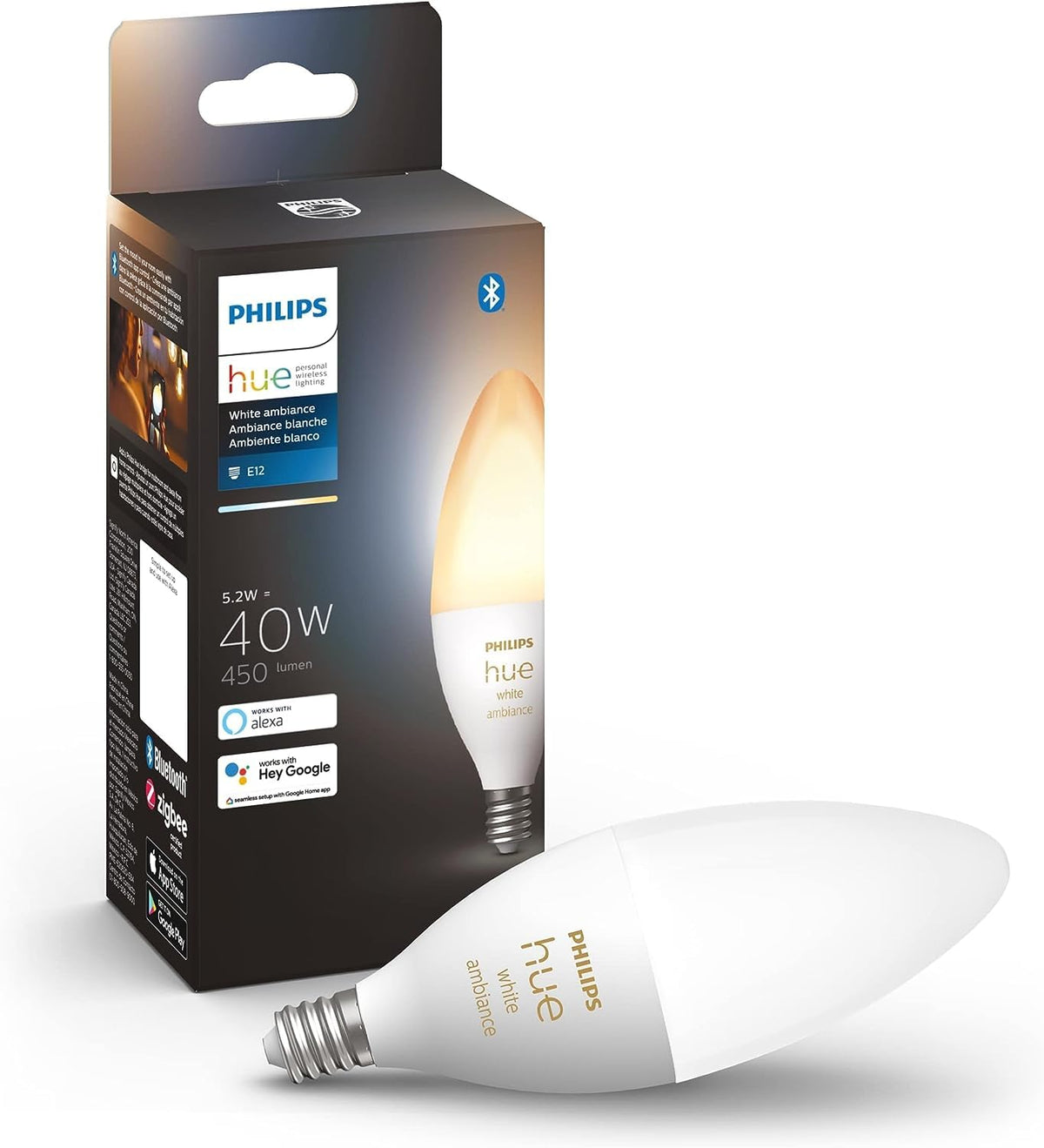 Philips Hue White Ambiance E12 bulb box for quick smart lighting setup.