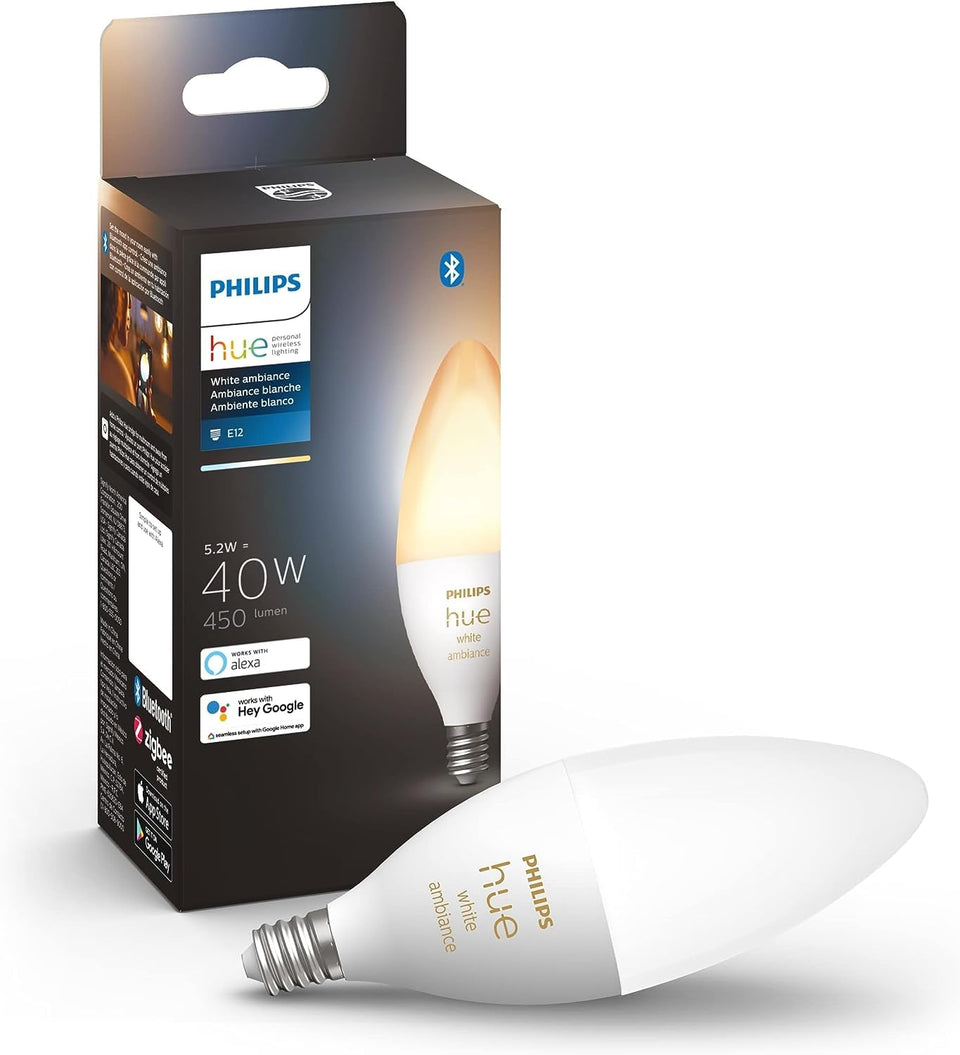 Philips Hue White Ambiance E12 bulb box for quick smart lighting setup.