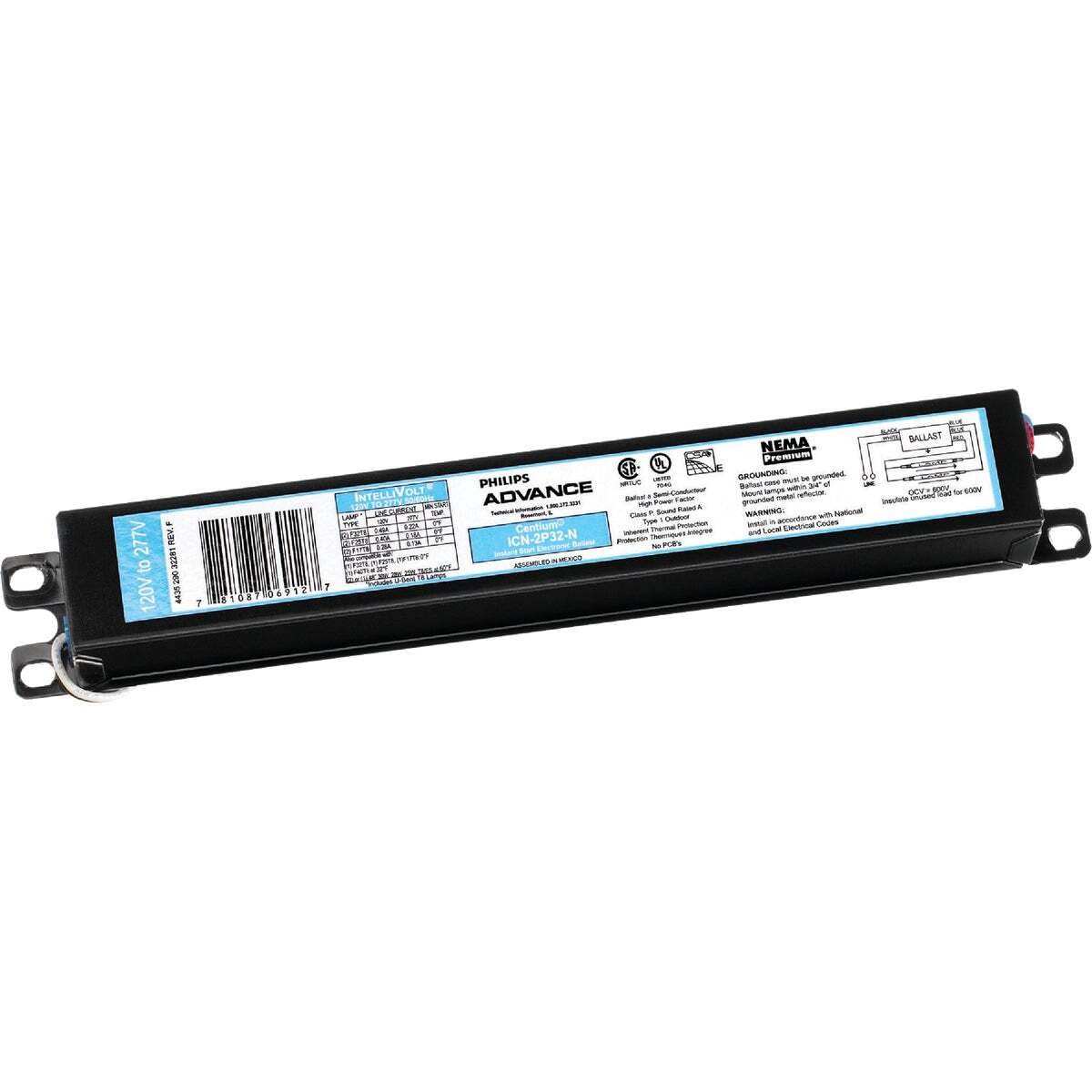 Philips ICN-2P32-N ballast label closeup demonstrates Centium family compatibility.
