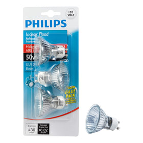Philips 50W MR16 GU10 indoor flood bulb pack front view for versatile home lighting