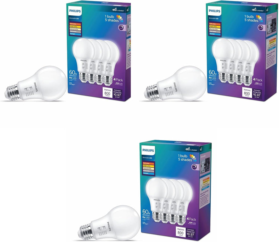 Philips LED 60W A19 12-pack with selectable white temperatures for versatile room lighting