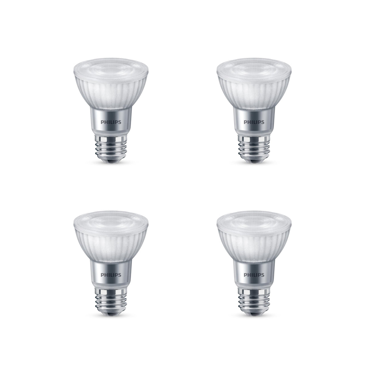 Philips LED 75W PAR20 4-pack frosted bulbs emit warm 3000K light.