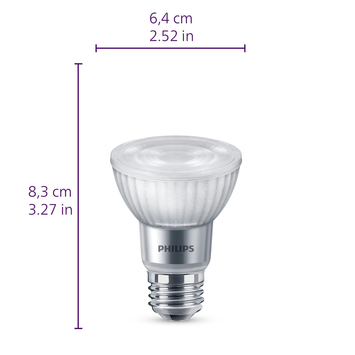 Philips LED 75W PAR20 close-up shows even, dimmable glow.