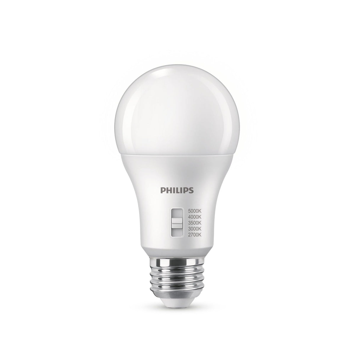 Close-up of selectable color temperature option on Philips A19 bulbs for mood tuning.