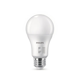 Close-up of selectable color temperature option on Philips A19 bulbs for mood tuning.