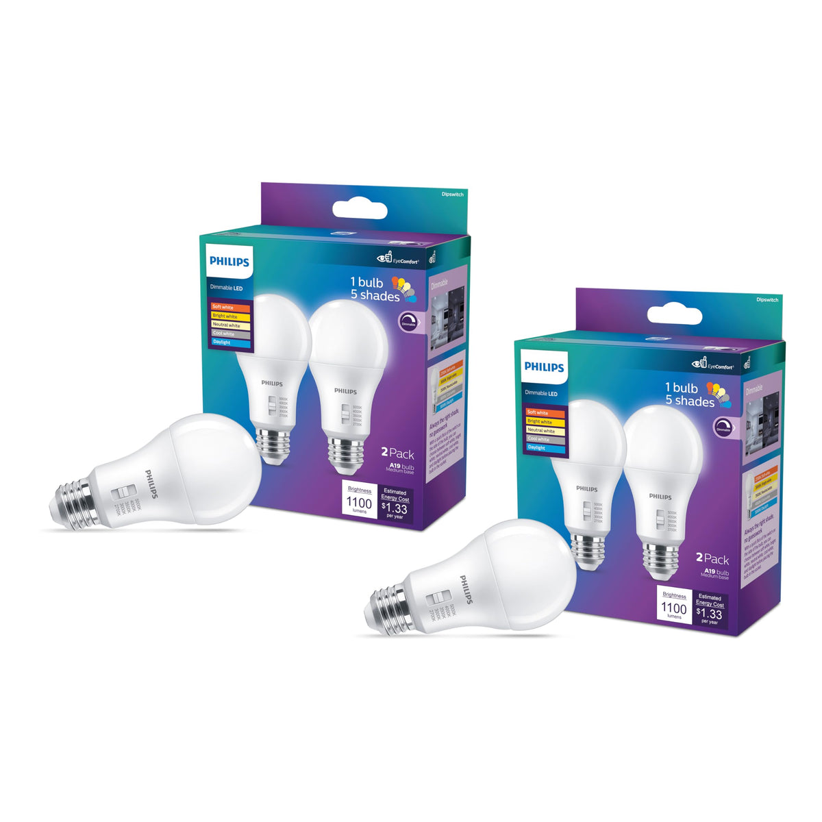 Philips LED A19 4-pack with selectable white temperatures for customizable ambiance.