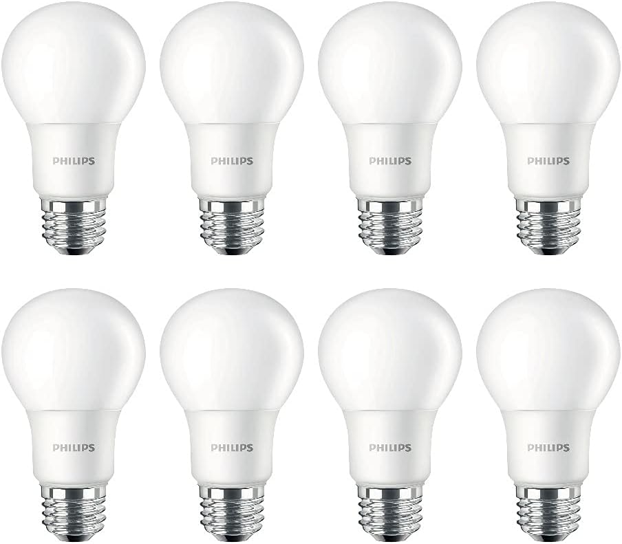Philips LED A19 8-pack soft white 2700K frosted for warm ambient lighting.
