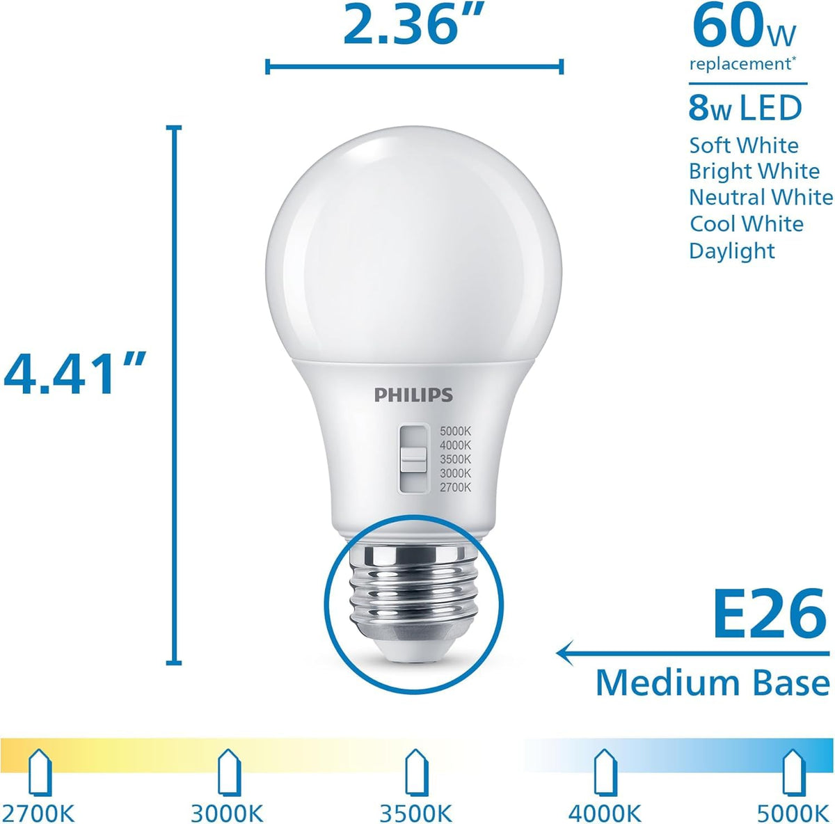 Philips A19 dimmable frosted bulb for smooth brightness control