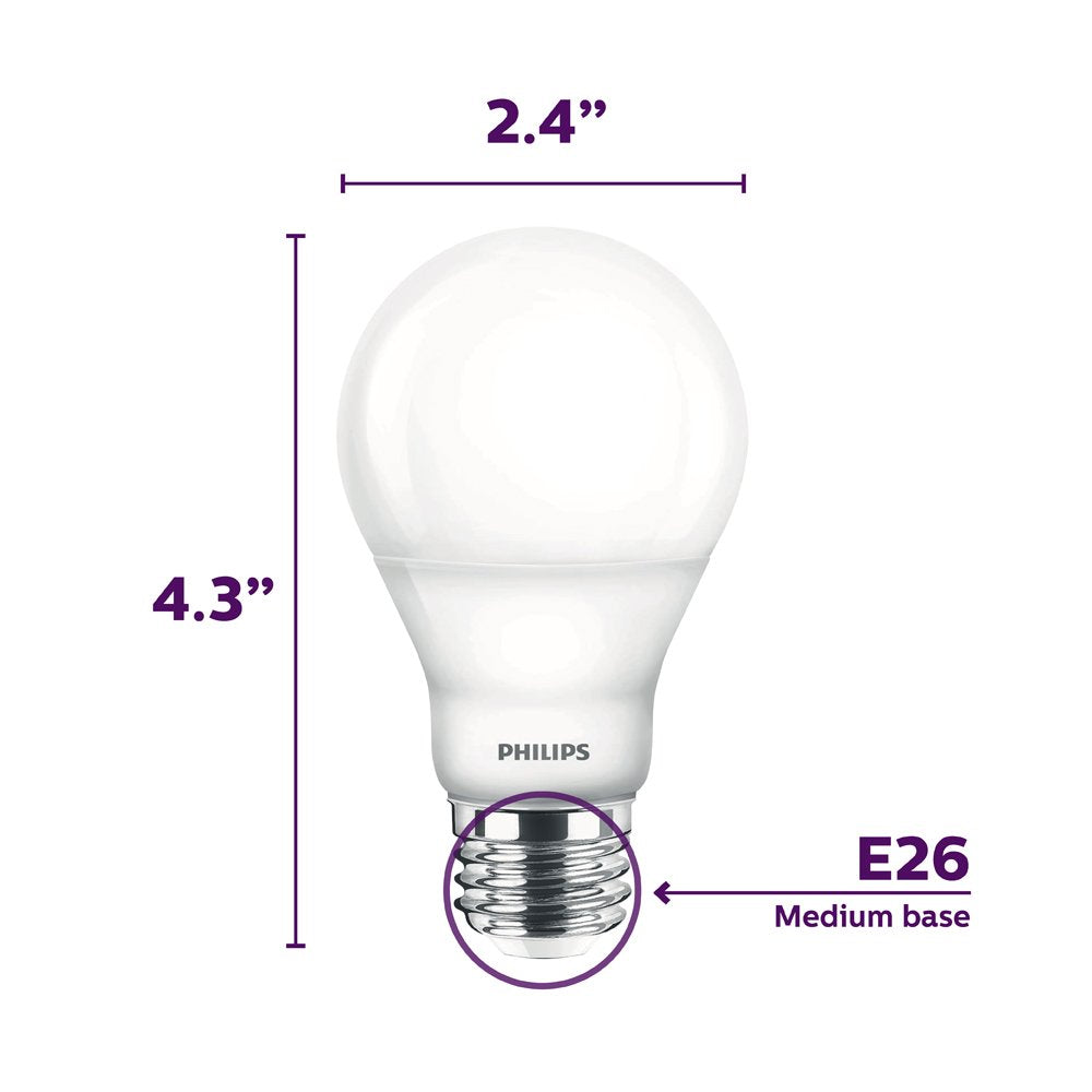 Philips LED A19 frosted bulb with E26 base fits standard fixtures.