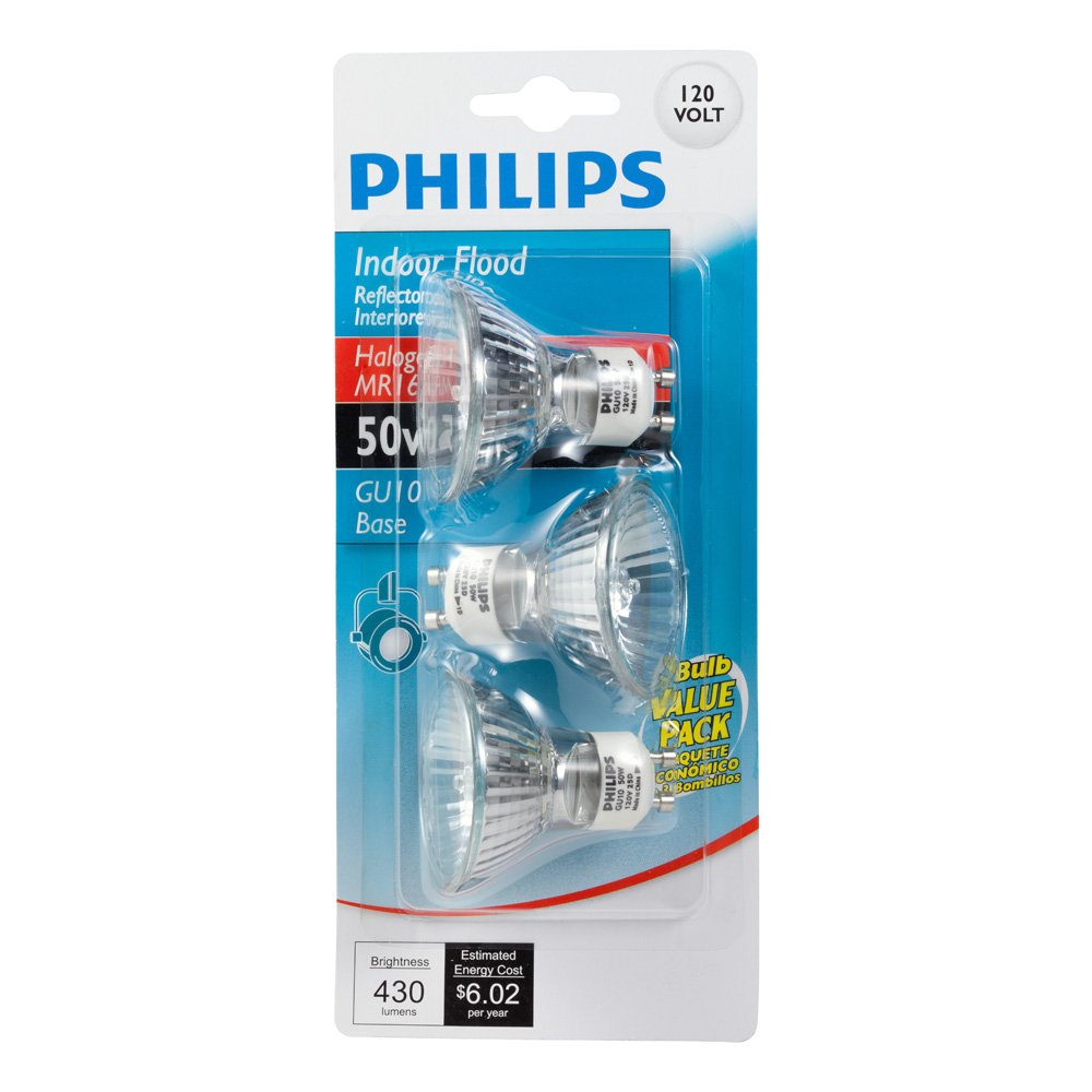 Philips MR16 GU10 bulb illuminated in a fixture for immediate full brightness