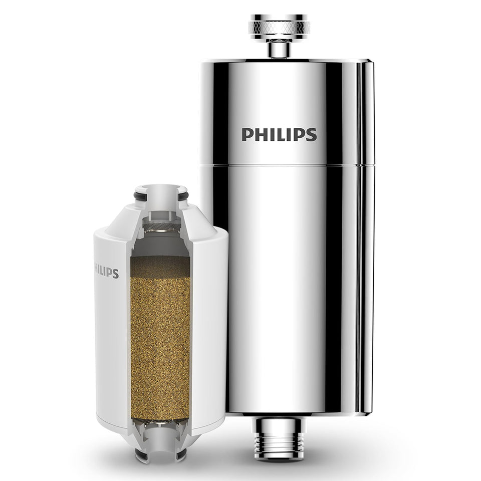 Philips 3-stage shower filter in chrome reducing chlorine for softer skin