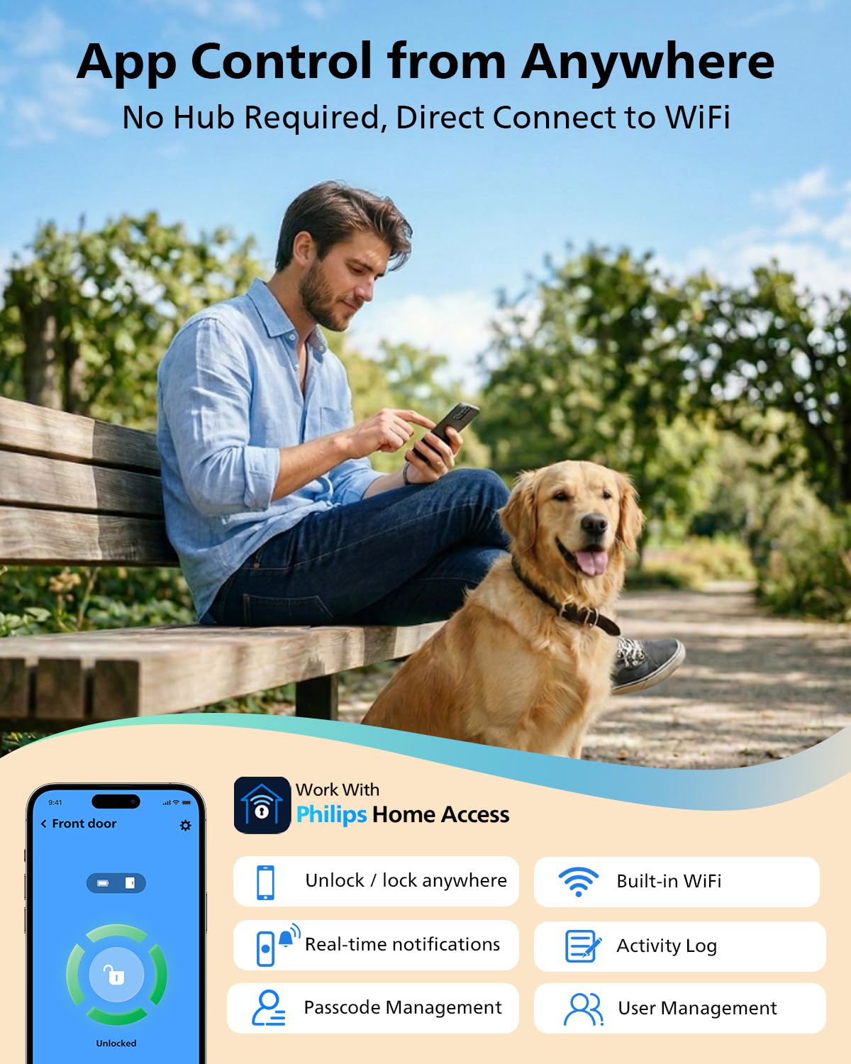 Philips Smart Lock app control highlights remote management and real-time alerts.