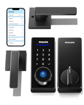 Philips Smart Lock handles and lock front view, two-lever set for easy upgrade.