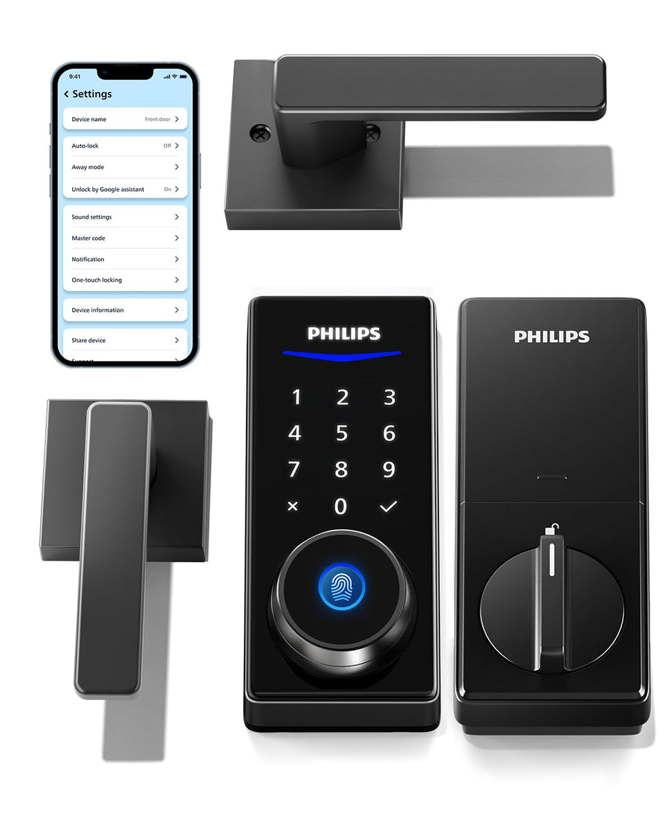 Philips Smart Lock handles and lock front view, two-lever set for easy upgrade.