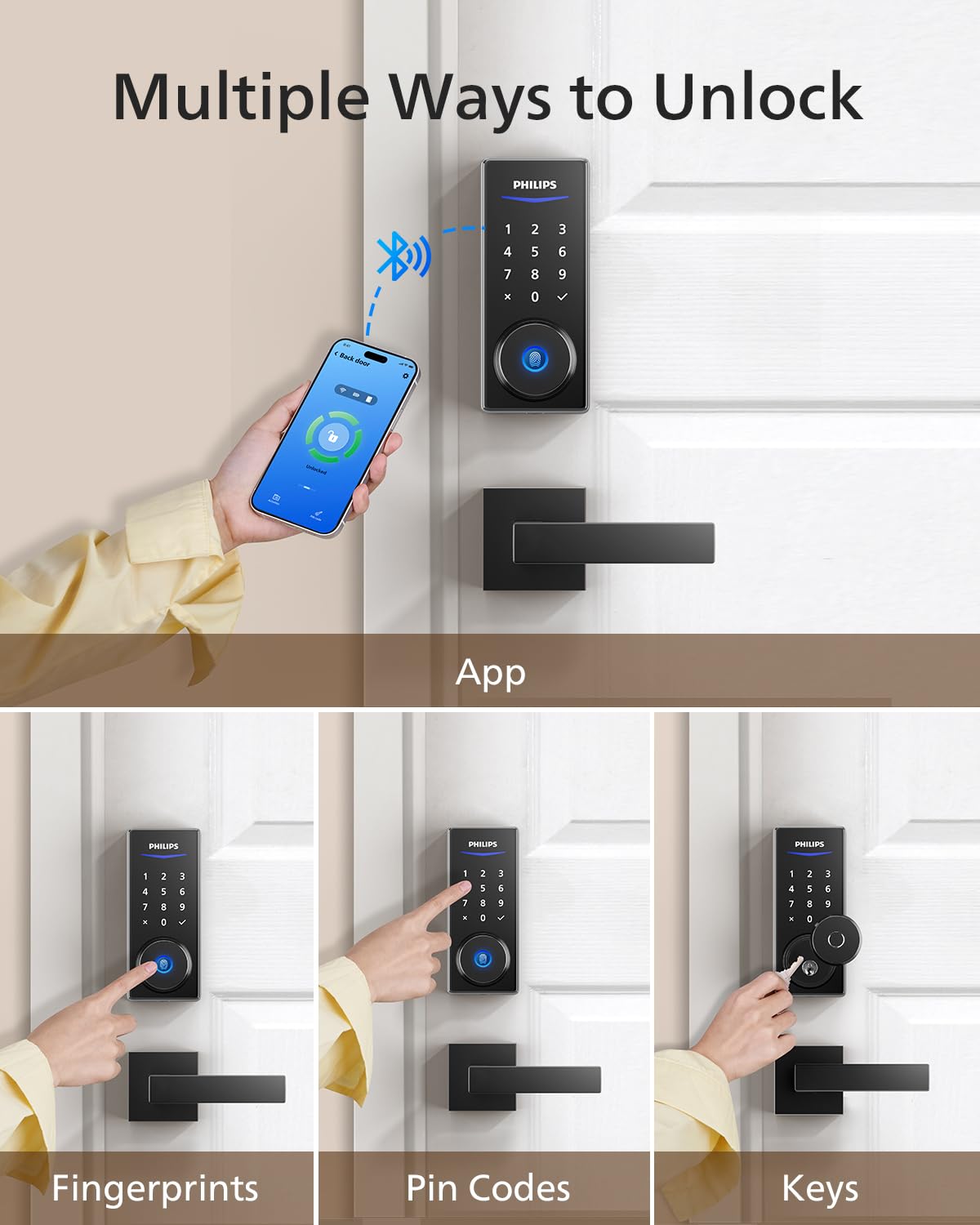 Philips keypad close-up showing secure deadbolt and tactile PIN entry.
